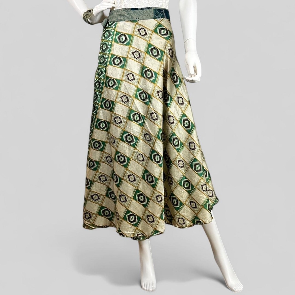 Vintage Indian Silk Wrap Maxi Skirt Green Gold Geometric Boho Festival Skirt